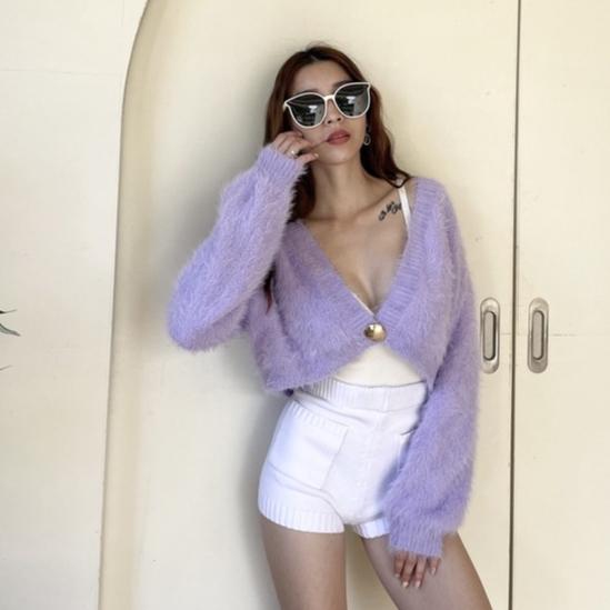 【DOE.FF】 金釦水貂毛短版外套 （現貨） 水貂毛外套 針織外套 短版外套 保暖外套 毛毛外套 厚外套 外套女 女裝-細節圖3