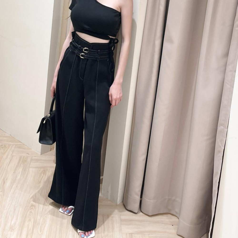 【DOE.FF】 高腰車線西裝寬褲 (現貨) 寬褲 落地寬褲 雪紡長褲 高腰長褲 顯瘦長褲 直筒褲 西裝褲 長褲女-細節圖4