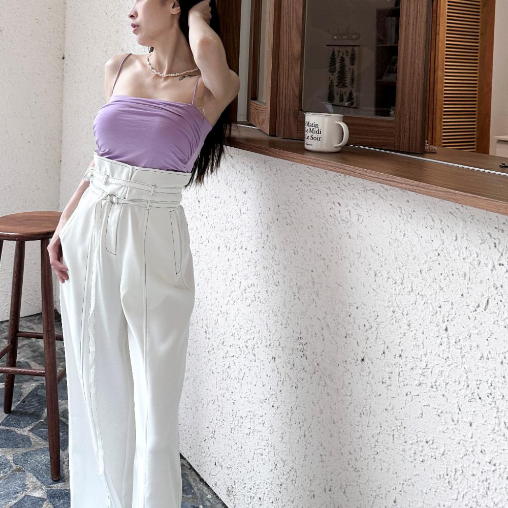 【DOE.FF】 高腰車線西裝寬褲 (現貨) 寬褲 落地寬褲 雪紡長褲 高腰長褲 顯瘦長褲 直筒褲 西裝褲 長褲女-細節圖6