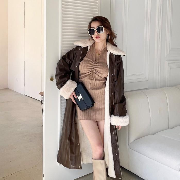 【DOE.FF】歐美抽繩針織抓皺短洋｜現貨｜ 連身裙 短洋裝 長袖洋裝 V領洋裝-細節圖2