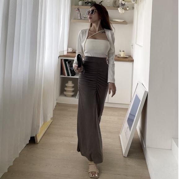 【DOE.FF】歐美窈窕抓皺魚尾長裙｜現貨｜ 棉長裙 裙子 高腰裙 現貨-細節圖2