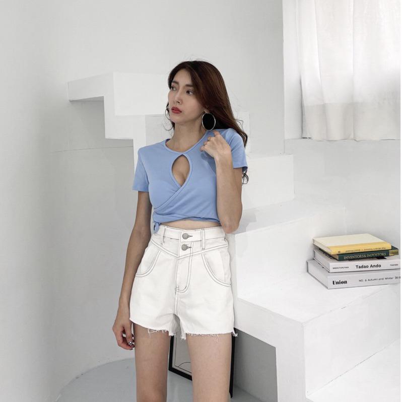 【DOE.FF】純白車線牛仔短褲 (現貨) 牛仔短褲 短褲女 高腰短褲 顯瘦短褲 闊腿褲 褲裙 女裝 牛仔褲 辣妹風-細節圖6