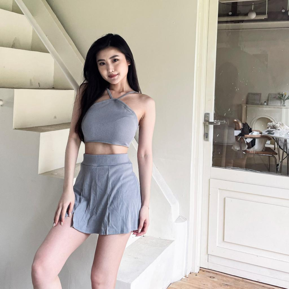 【DOE.FF】 顯瘦削肩渡假套裝 (現貨) 套裝女 削肩背心 褲裙女 顯瘦短裙 高腰短裙 休閒套裝 短裙女 SET-細節圖2