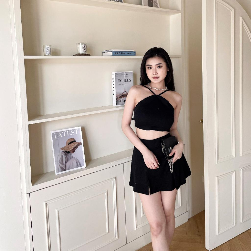 【DOE.FF】 顯瘦削肩渡假套裝 (現貨) 套裝女 削肩背心 褲裙女 顯瘦短裙 高腰短裙 休閒套裝 短裙女 SET-細節圖4