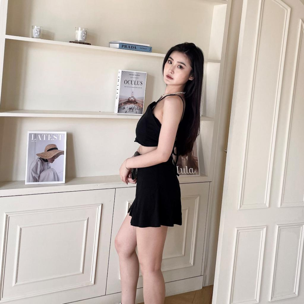 【DOE.FF】 顯瘦削肩渡假套裝 (現貨) 套裝女 削肩背心 褲裙女 顯瘦短裙 高腰短裙 休閒套裝 短裙女 SET-細節圖5