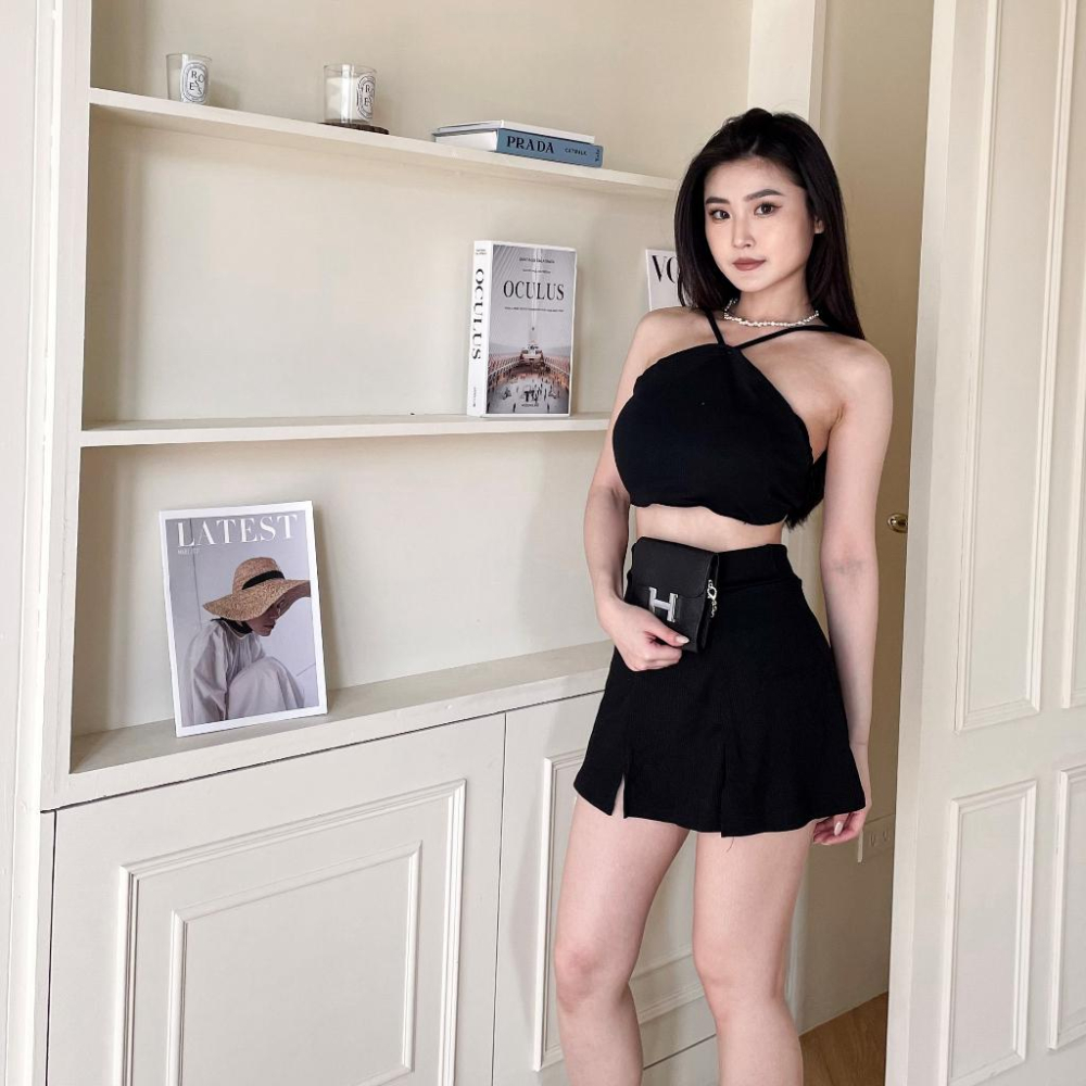 【DOE.FF】 顯瘦削肩渡假套裝 (現貨) 套裝女 削肩背心 褲裙女 顯瘦短裙 高腰短裙 休閒套裝 短裙女 SET-細節圖6