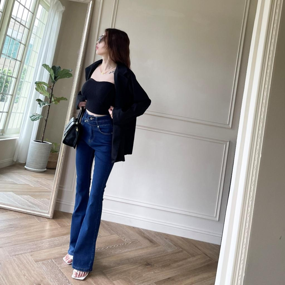 【DOE.FF】 造型兩釦包臀喇叭褲 (現+預) 微喇叭褲 高腰長褲 緊身褲 顯瘦長褲 牛仔褲 長褲女 牛仔喇叭褲-細節圖2