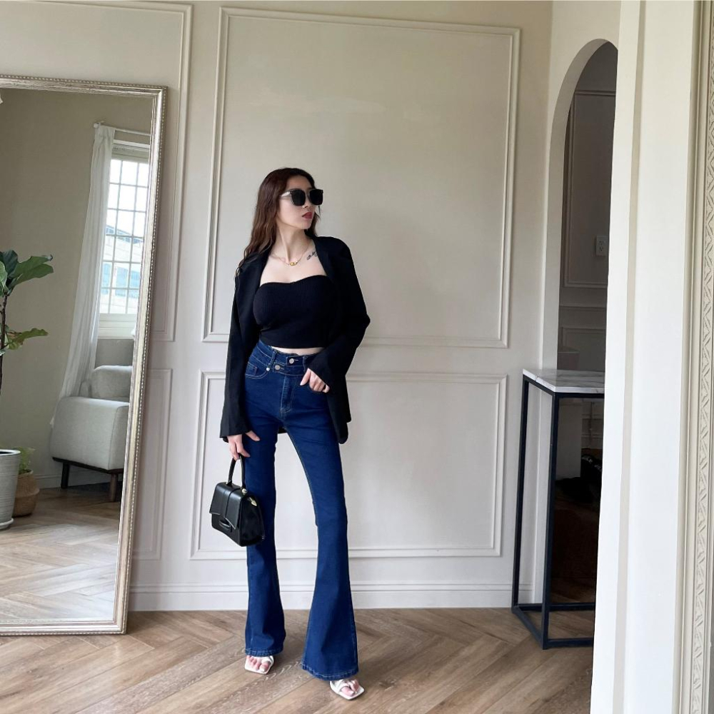 【DOE.FF】 造型兩釦包臀喇叭褲 (現+預) 微喇叭褲 高腰長褲 緊身褲 顯瘦長褲 牛仔褲 長褲女 牛仔喇叭褲-細節圖3