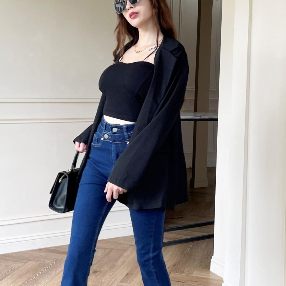 【DOE.FF】 造型兩釦包臀喇叭褲 (現+預) 微喇叭褲 高腰長褲 緊身褲 顯瘦長褲 牛仔褲 長褲女 牛仔喇叭褲-細節圖4