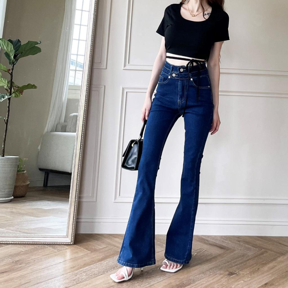 【DOE.FF】 造型兩釦包臀喇叭褲 (現+預) 微喇叭褲 高腰長褲 緊身褲 顯瘦長褲 牛仔褲 長褲女 牛仔喇叭褲-細節圖5