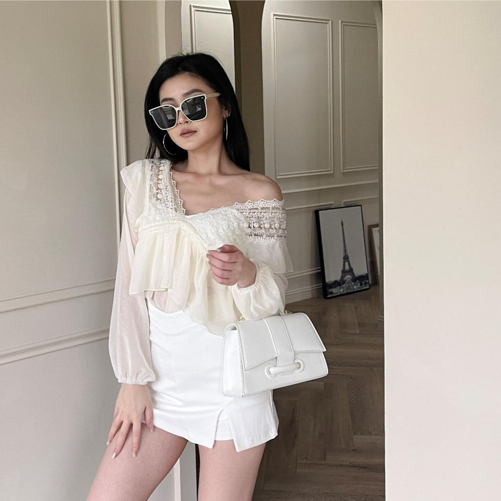 【DOE.FF】 仙女浪漫雪紡上衣 (現貨) 襯衫 雪紡上衣 露肩上衣 一字領 上衣女 歐美上衣 寬鬆上衣 v領-細節圖6