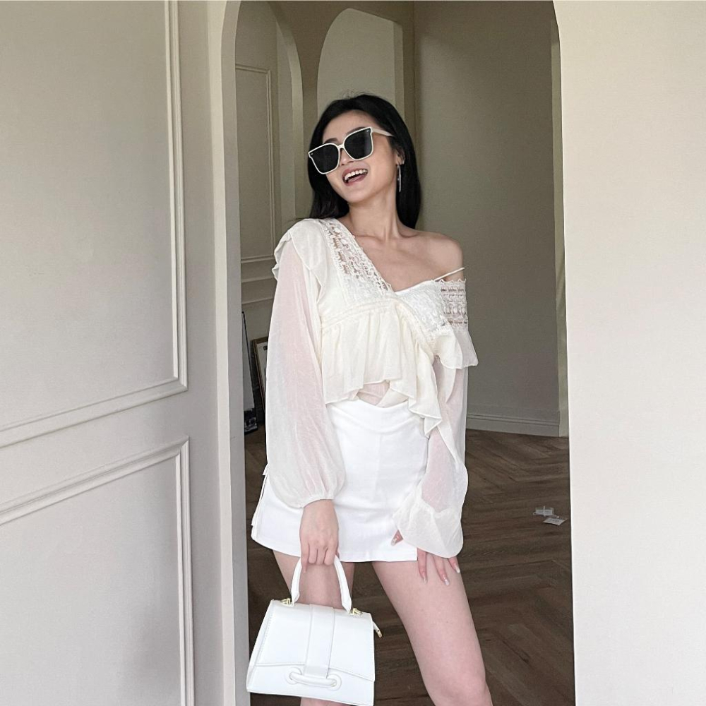 【DOE.FF】 仙女浪漫雪紡上衣 (現貨) 襯衫 雪紡上衣 露肩上衣 一字領 上衣女 歐美上衣 寬鬆上衣 v領-細節圖8