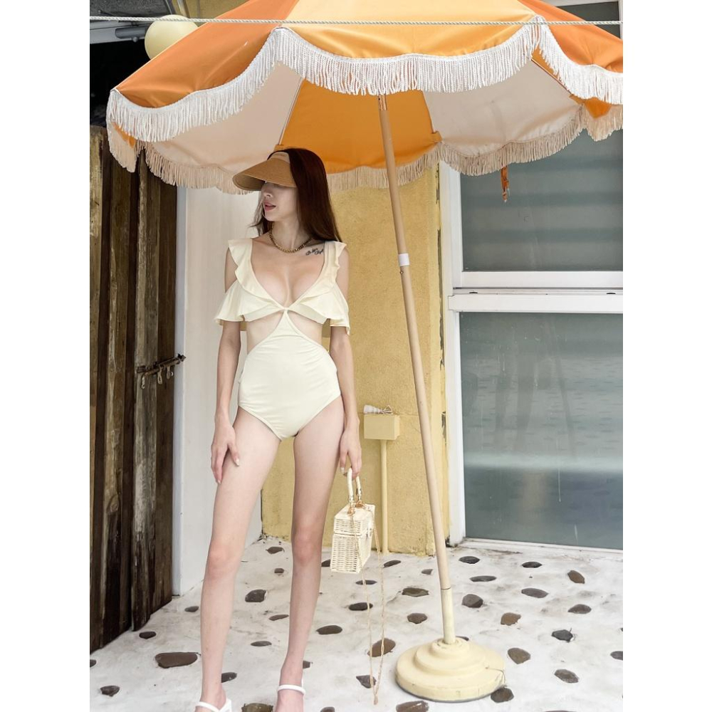 【DOE.FF】 荷葉奶黃連體bikini泳衣  (現貨) 比基尼 泳衣 辣妹風 歐美風 女裝 套裝女 性感內衣-細節圖2