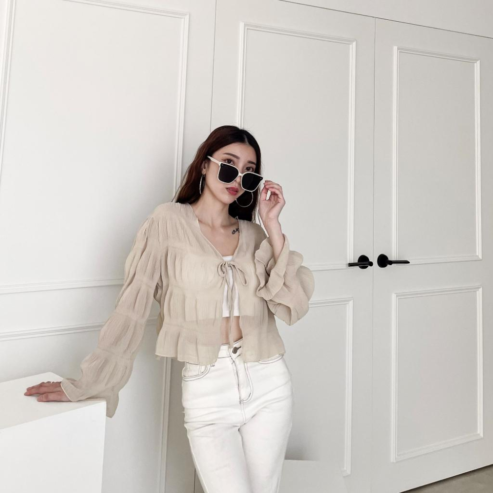 【DOE.FF】 透視皺皺防曬外套 (現+預) 防曬衫 雪紡外套 雪紡上衣 薄外套 外套女 長袖外套 外罩 綁帶外套-細節圖2