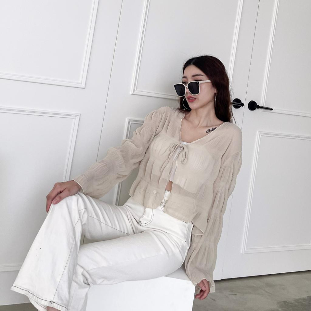 【DOE.FF】 透視皺皺防曬外套 (現+預) 防曬衫 雪紡外套 雪紡上衣 薄外套 外套女 長袖外套 外罩 綁帶外套-細節圖3