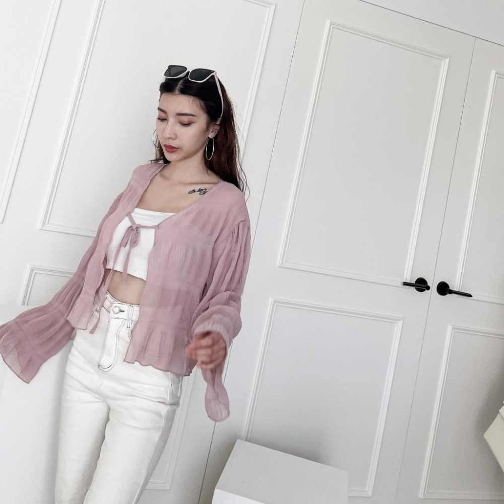 【DOE.FF】 透視皺皺防曬外套 (現+預) 防曬衫 雪紡外套 雪紡上衣 薄外套 外套女 長袖外套 外罩 綁帶外套-細節圖5