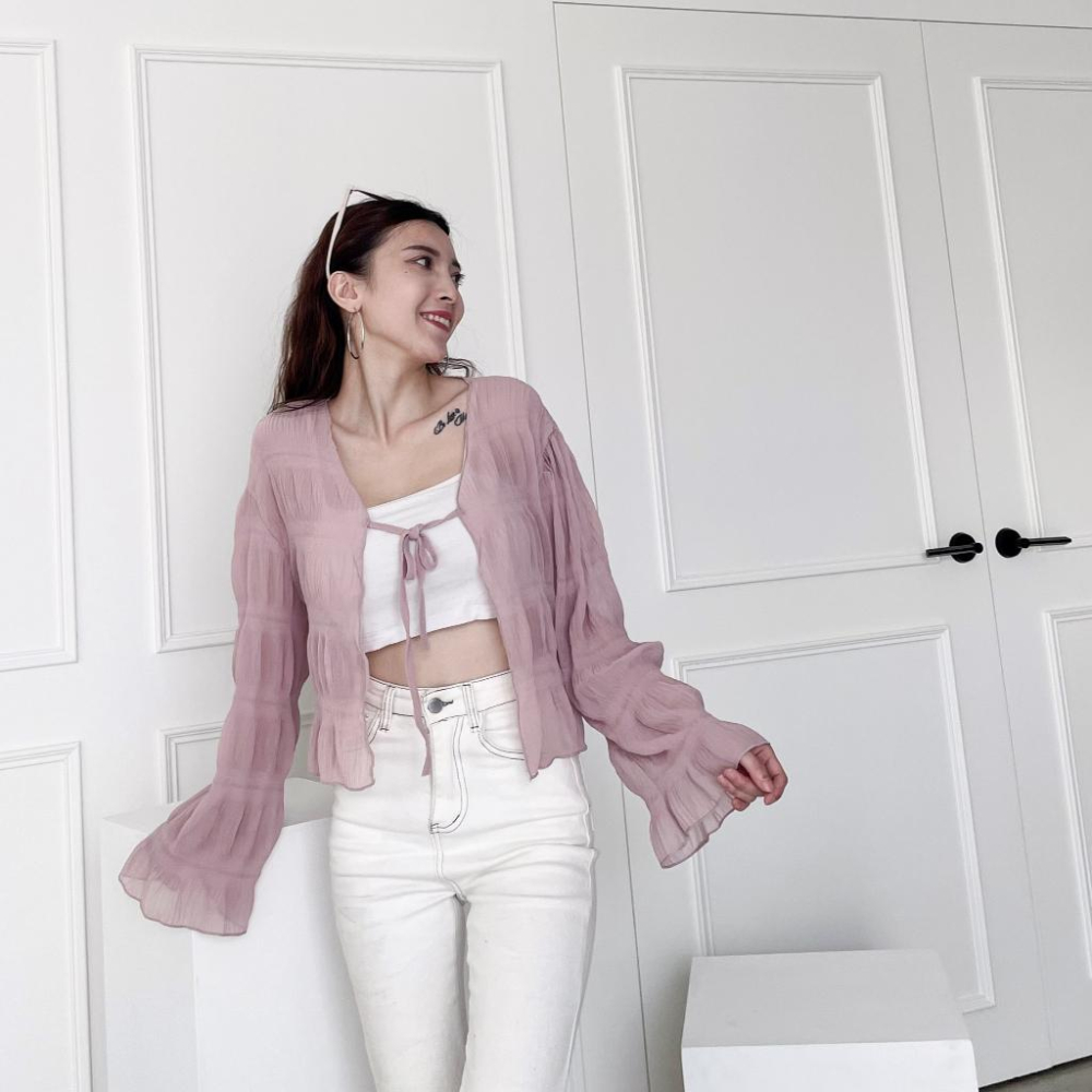 【DOE.FF】 透視皺皺防曬外套 (現+預) 防曬衫 雪紡外套 雪紡上衣 薄外套 外套女 長袖外套 外罩 綁帶外套-細節圖6