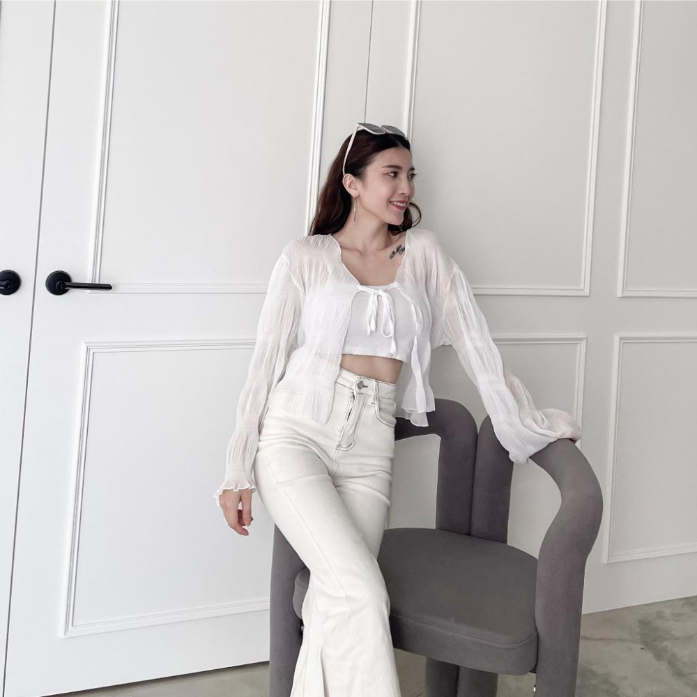 【DOE.FF】 透視皺皺防曬外套 (現+預) 防曬衫 雪紡外套 雪紡上衣 薄外套 外套女 長袖外套 外罩 綁帶外套-細節圖7