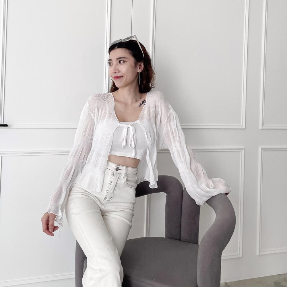 【DOE.FF】 透視皺皺防曬外套 (現+預) 防曬衫 雪紡外套 雪紡上衣 薄外套 外套女 長袖外套 外罩 綁帶外套-細節圖8