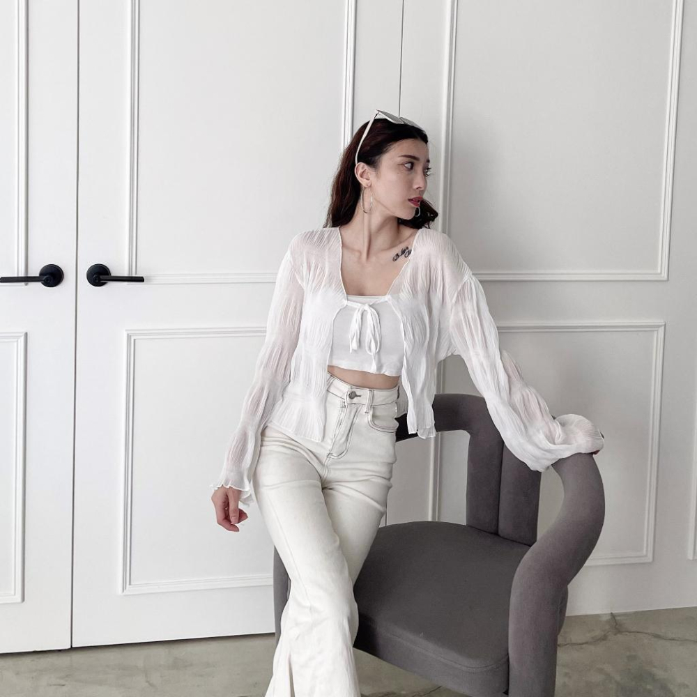 【DOE.FF】 透視皺皺防曬外套 (現+預) 防曬衫 雪紡外套 雪紡上衣 薄外套 外套女 長袖外套 外罩 綁帶外套-細節圖9