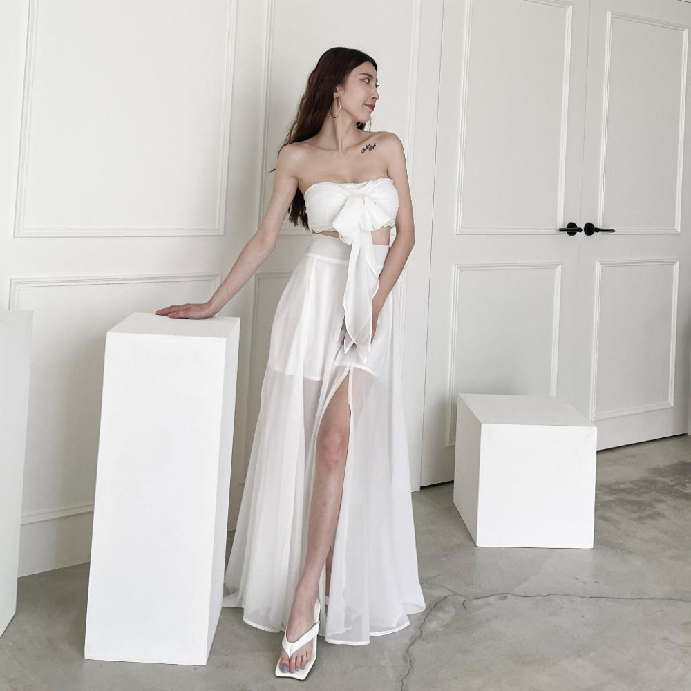 【DOE.FF】 渡假飄逸抹胸雪紡套裝 (現+預) 套裝女 渡假洋裝 長洋 長裙 禮服 抹胸上衣 BRATOP 背心女-細節圖8