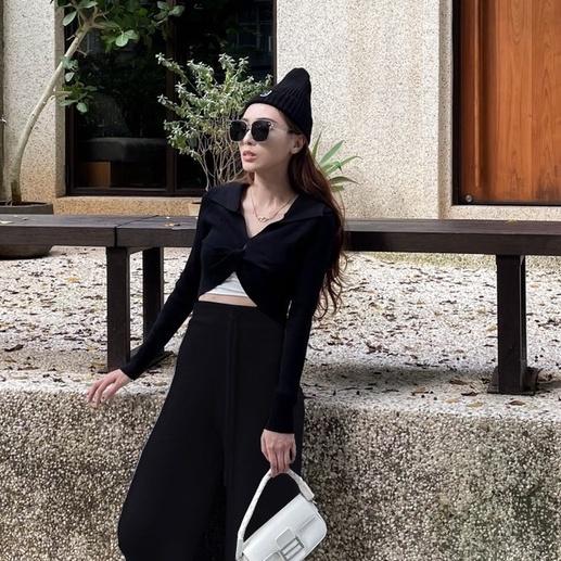 【DOE.FF】翻領扭結針織上衣 (現貨) 發熱衣 針織衫 打底衫 短版上衣 辣妹風 針織毛衣 毛衣女 女裝 上衣女-細節圖5