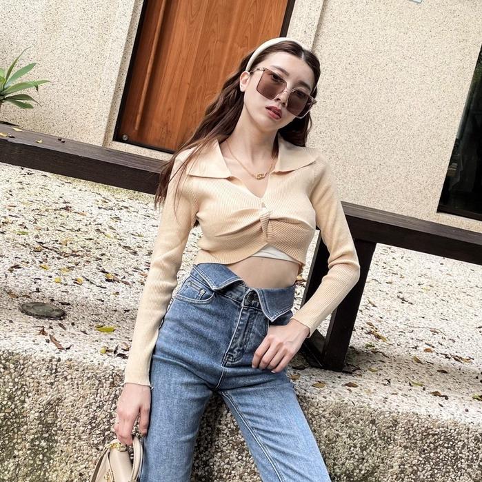 【DOE.FF】翻領扭結針織上衣 (現貨) 發熱衣 針織衫 打底衫 短版上衣 辣妹風 針織毛衣 毛衣女 女裝 上衣女-細節圖6