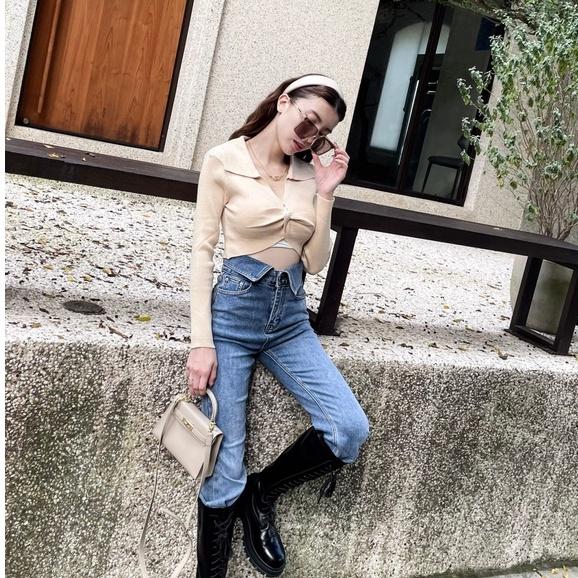 【DOE.FF】翻領扭結針織上衣 (現貨) 發熱衣 針織衫 打底衫 短版上衣 辣妹風 針織毛衣 毛衣女 女裝 上衣女-細節圖7