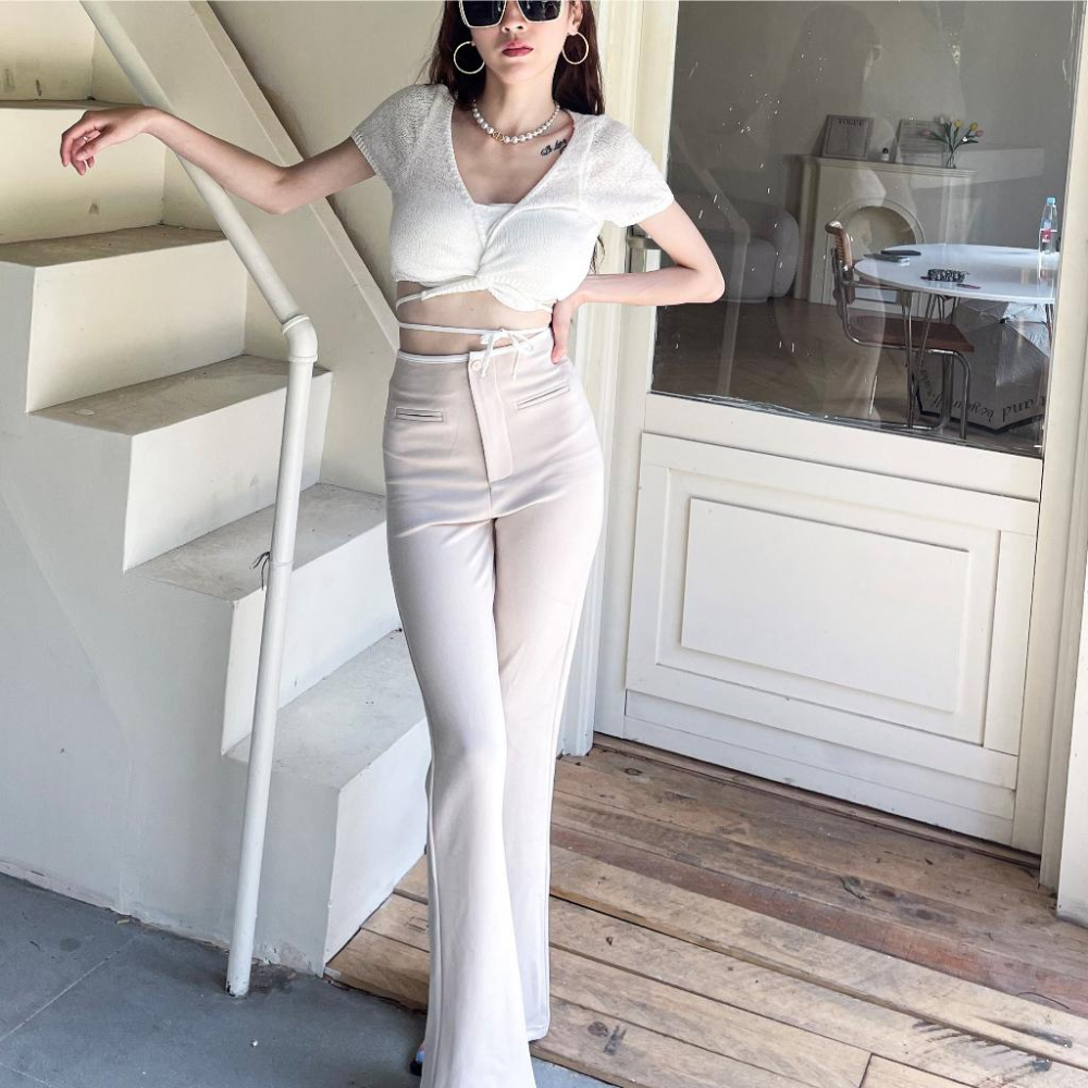 【DOE.FF】 滾邊太空棉顯瘦喇叭褲 (現+預) 長褲女 顯瘦長褲 微喇叭褲 高腰長褲 西裝褲 粉色 高腰長褲-細節圖3