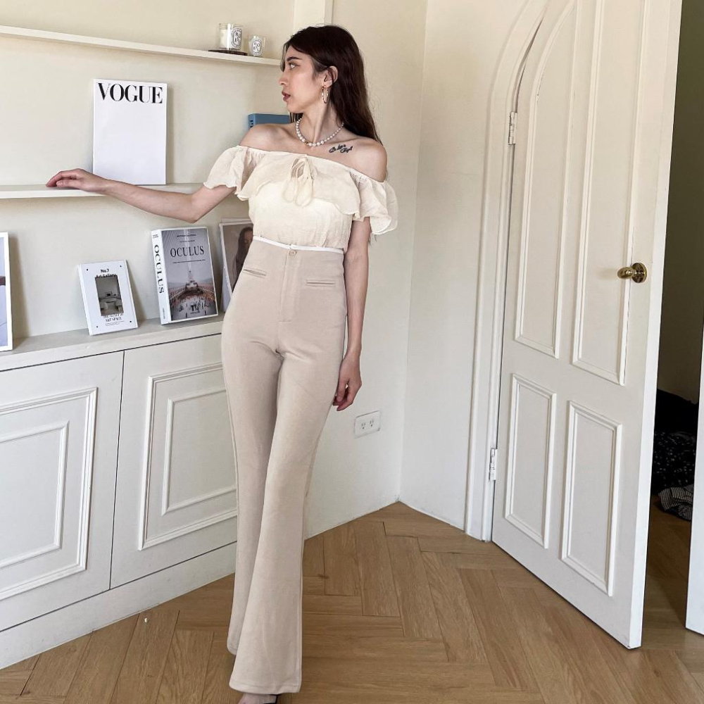 【DOE.FF】 滾邊太空棉顯瘦喇叭褲 (現+預) 長褲女 顯瘦長褲 微喇叭褲 高腰長褲 西裝褲 粉色 高腰長褲-細節圖4