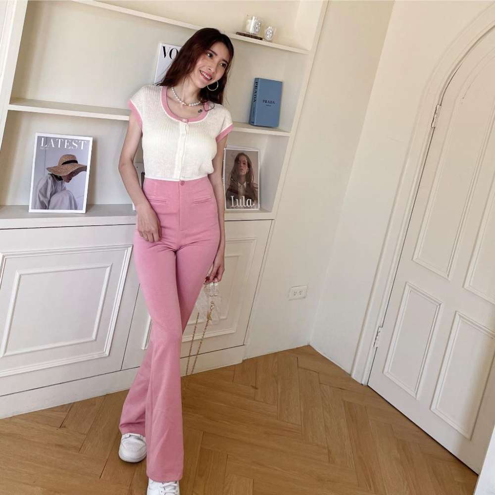 【DOE.FF】 滾邊太空棉顯瘦喇叭褲 (現+預) 長褲女 顯瘦長褲 微喇叭褲 高腰長褲 西裝褲 粉色 高腰長褲-細節圖5