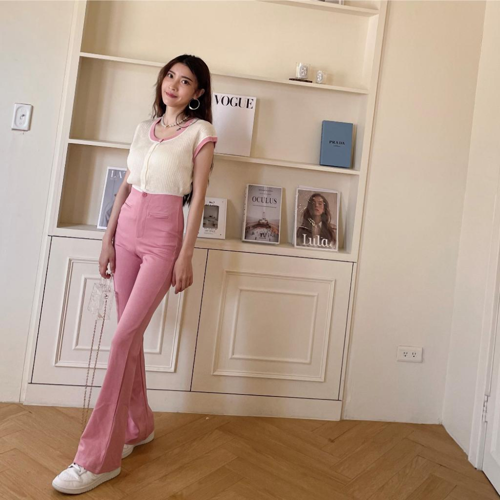 【DOE.FF】 滾邊太空棉顯瘦喇叭褲 (現+預) 長褲女 顯瘦長褲 微喇叭褲 高腰長褲 西裝褲 粉色 高腰長褲-細節圖6