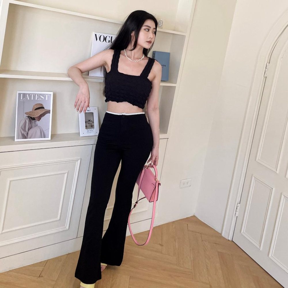 【DOE.FF】 滾邊太空棉顯瘦喇叭褲 (現+預) 長褲女 顯瘦長褲 微喇叭褲 高腰長褲 西裝褲 粉色 高腰長褲-細節圖7