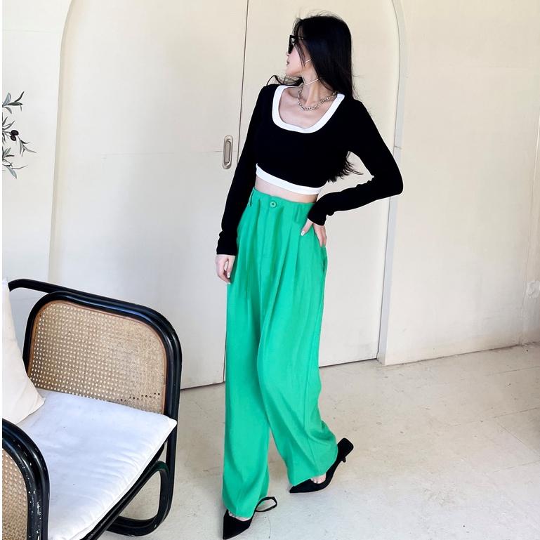 【DOE.FF】俐落抽繩落地寬褲 (現貨) 長褲女 寬褲 顯瘦長褲  喇叭寬褲 高腰長褲 闊腿褲 西裝褲 休閒長褲 女裝-細節圖2