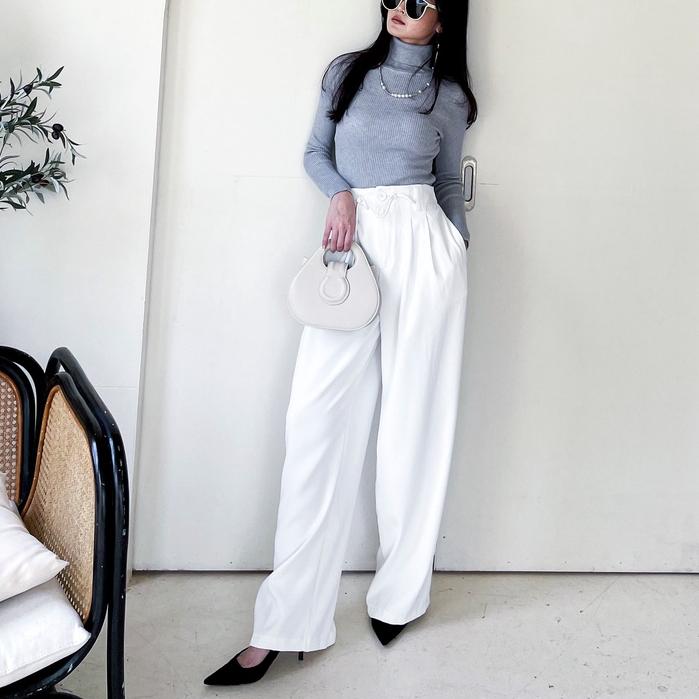 【DOE.FF】俐落抽繩落地寬褲 (現貨) 長褲女 寬褲 顯瘦長褲  喇叭寬褲 高腰長褲 闊腿褲 西裝褲 休閒長褲 女裝-細節圖3