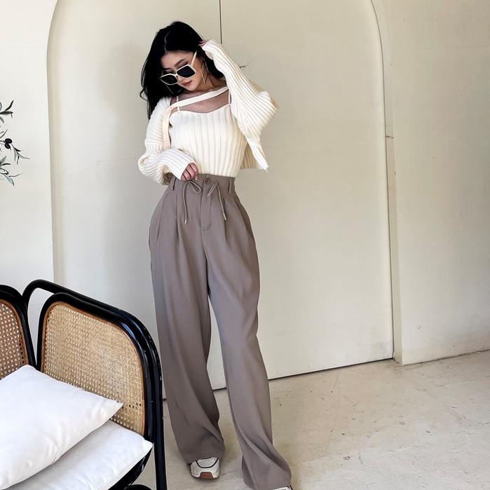 【DOE.FF】俐落抽繩落地寬褲 (現貨) 長褲女 寬褲 顯瘦長褲  喇叭寬褲 高腰長褲 闊腿褲 西裝褲 休閒長褲 女裝-細節圖5