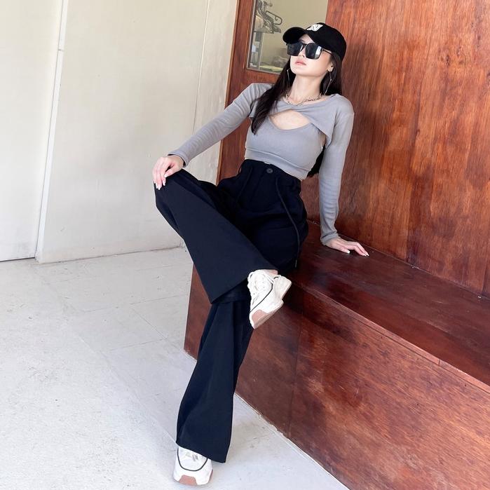 【DOE.FF】俐落抽繩落地寬褲 (現貨) 長褲女 寬褲 顯瘦長褲  喇叭寬褲 高腰長褲 闊腿褲 西裝褲 休閒長褲 女裝-細節圖7