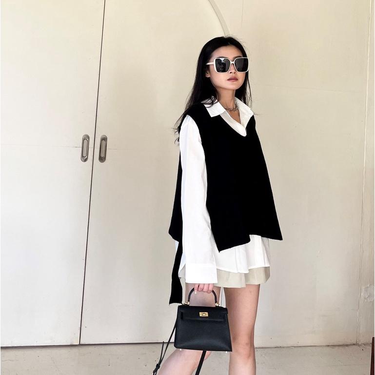 【DOE.FF】襯衫寬肩背心套裝 (現貨) 套裝女 寬鬆毛衣 下半身失蹤 襯衫女 針織背心 孕婦裝 長袖襯衫 V領毛衣-細節圖2