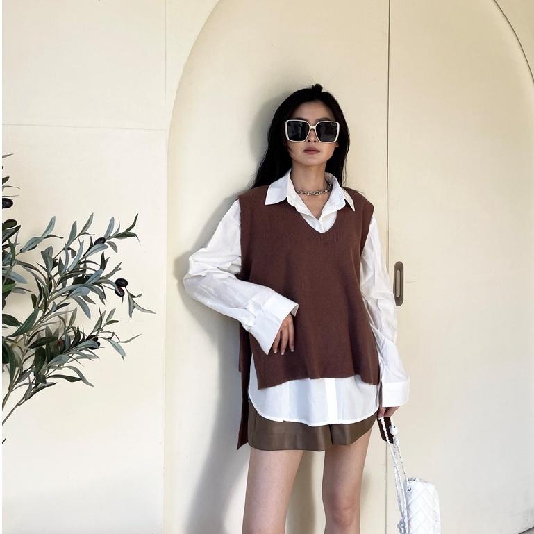 【DOE.FF】襯衫寬肩背心套裝 (現貨) 套裝女 寬鬆毛衣 下半身失蹤 襯衫女 針織背心 孕婦裝 長袖襯衫 V領毛衣-細節圖3