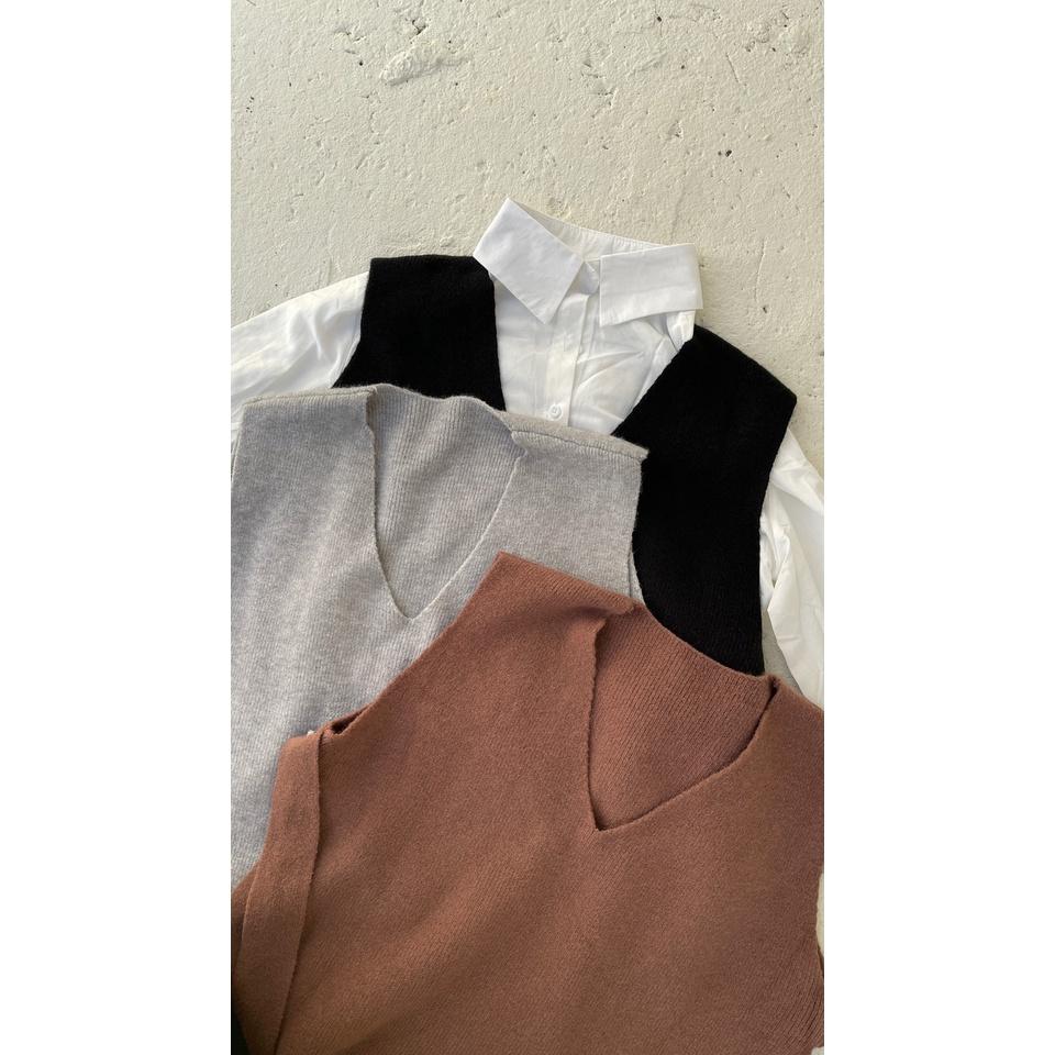 【DOE.FF】襯衫寬肩背心套裝 (現貨) 套裝女 寬鬆毛衣 下半身失蹤 襯衫女 針織背心 孕婦裝 長袖襯衫 V領毛衣-細節圖5