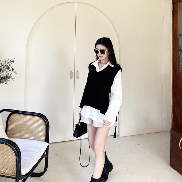 【DOE.FF】襯衫寬肩背心套裝 (現貨) 套裝女 寬鬆毛衣 下半身失蹤 襯衫女 針織背心 孕婦裝 長袖襯衫 V領毛衣-細節圖6