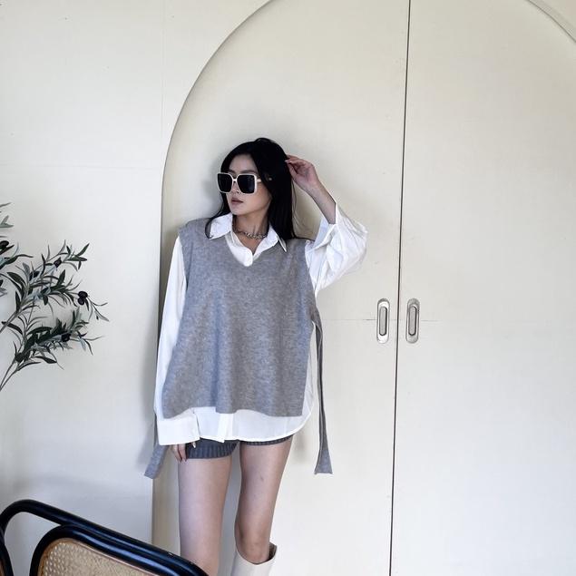 【DOE.FF】襯衫寬肩背心套裝 (現貨) 套裝女 寬鬆毛衣 下半身失蹤 襯衫女 針織背心 孕婦裝 長袖襯衫 V領毛衣-細節圖7