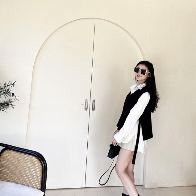 【DOE.FF】襯衫寬肩背心套裝 (現貨) 套裝女 寬鬆毛衣 下半身失蹤 襯衫女 針織背心 孕婦裝 長袖襯衫 V領毛衣-細節圖8