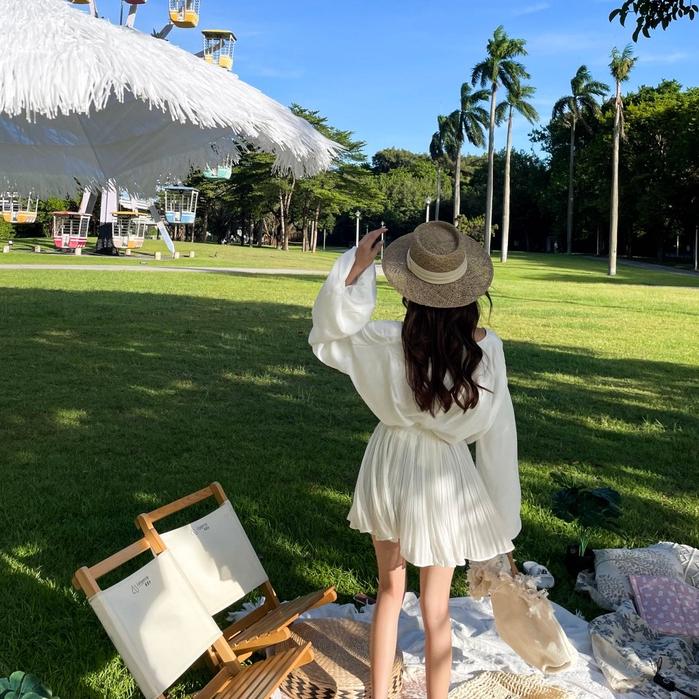 【DOE.FF】垂墜燈籠袖雪紡上衣 （現貨） Ｖ領上衣 上衣女 短版上衣 露肩上衣 寬鬆上衣 雪紡上衣 女裝 辣妹風-細節圖5