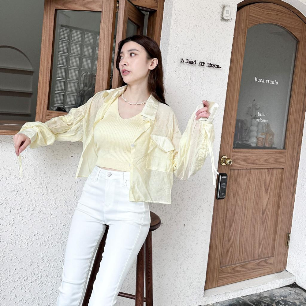 【DOE.FF】 針織抽繩襯衫兩件套 (現+預) 背心女 針織背心 套裝女 短版上衣 襯衫 襯衫女 短版襯衫 上衣女-細節圖5