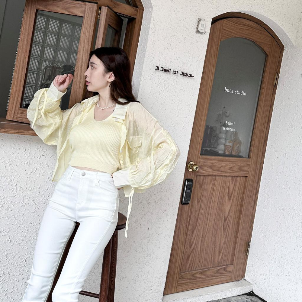 【DOE.FF】 針織抽繩襯衫兩件套 (現+預) 背心女 針織背心 套裝女 短版上衣 襯衫 襯衫女 短版襯衫 上衣女-細節圖6