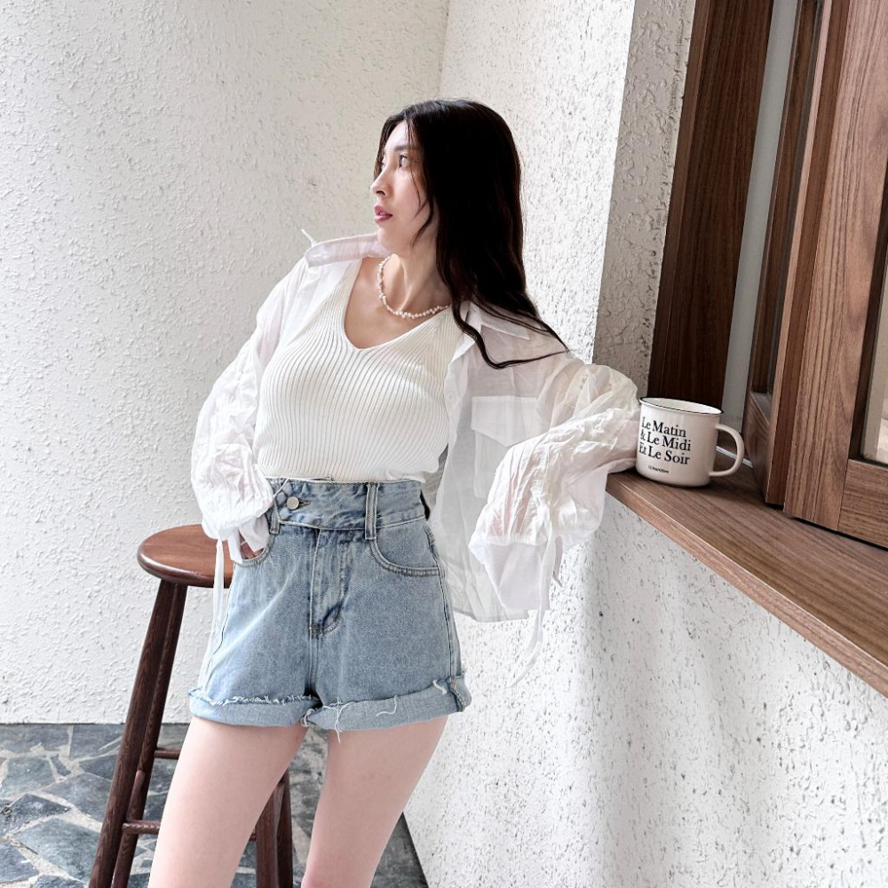 【DOE.FF】 針織抽繩襯衫兩件套 (現+預) 背心女 針織背心 套裝女 短版上衣 襯衫 襯衫女 短版襯衫 上衣女-細節圖7