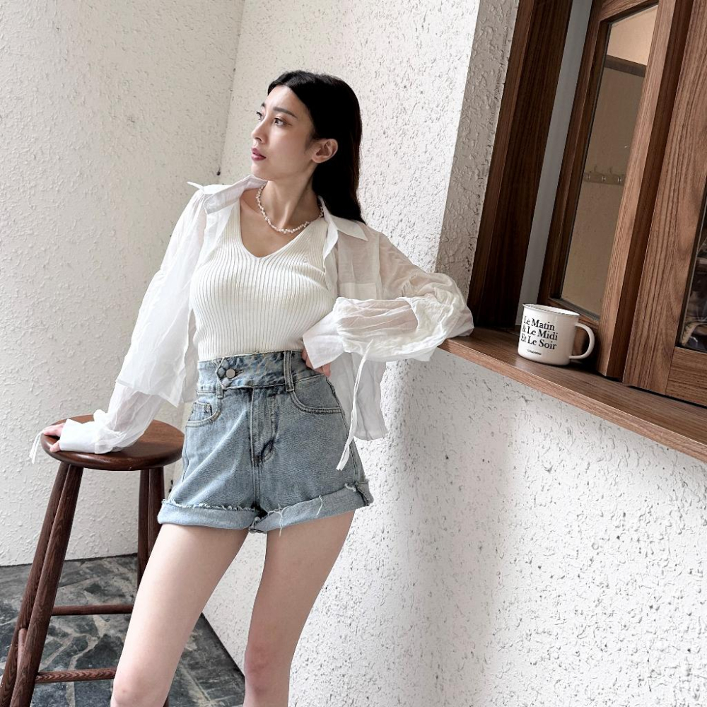 【DOE.FF】 針織抽繩襯衫兩件套 (現+預) 背心女 針織背心 套裝女 短版上衣 襯衫 襯衫女 短版襯衫 上衣女-細節圖9