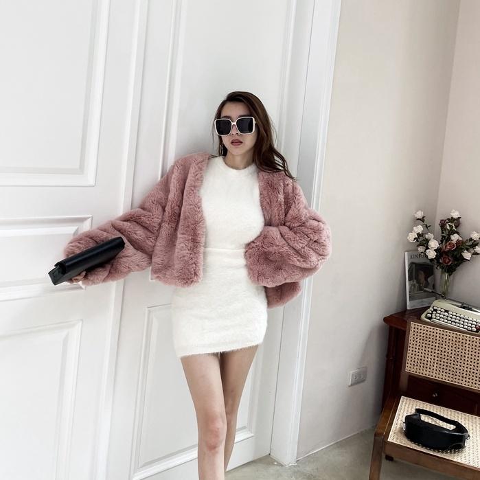 【DOE.FF】暖呼呼水貂毛短裙套裝｜現貨｜水貂毛 水貂毛套裝 水貂毛上衣 水貂毛短裙 高腰短裙 套裝女 秋冬套裝 發熱-細節圖4