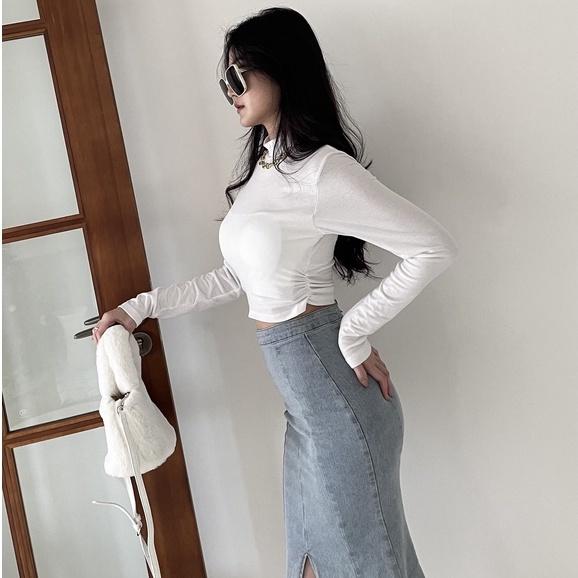 【DOE.FF】丹寧魚尾開岔中長裙 (現貨) 魚尾裙 牛仔裙 長裙 短裙 牛仔短裙 a字裙 顯瘦長裙 短裙女-細節圖4